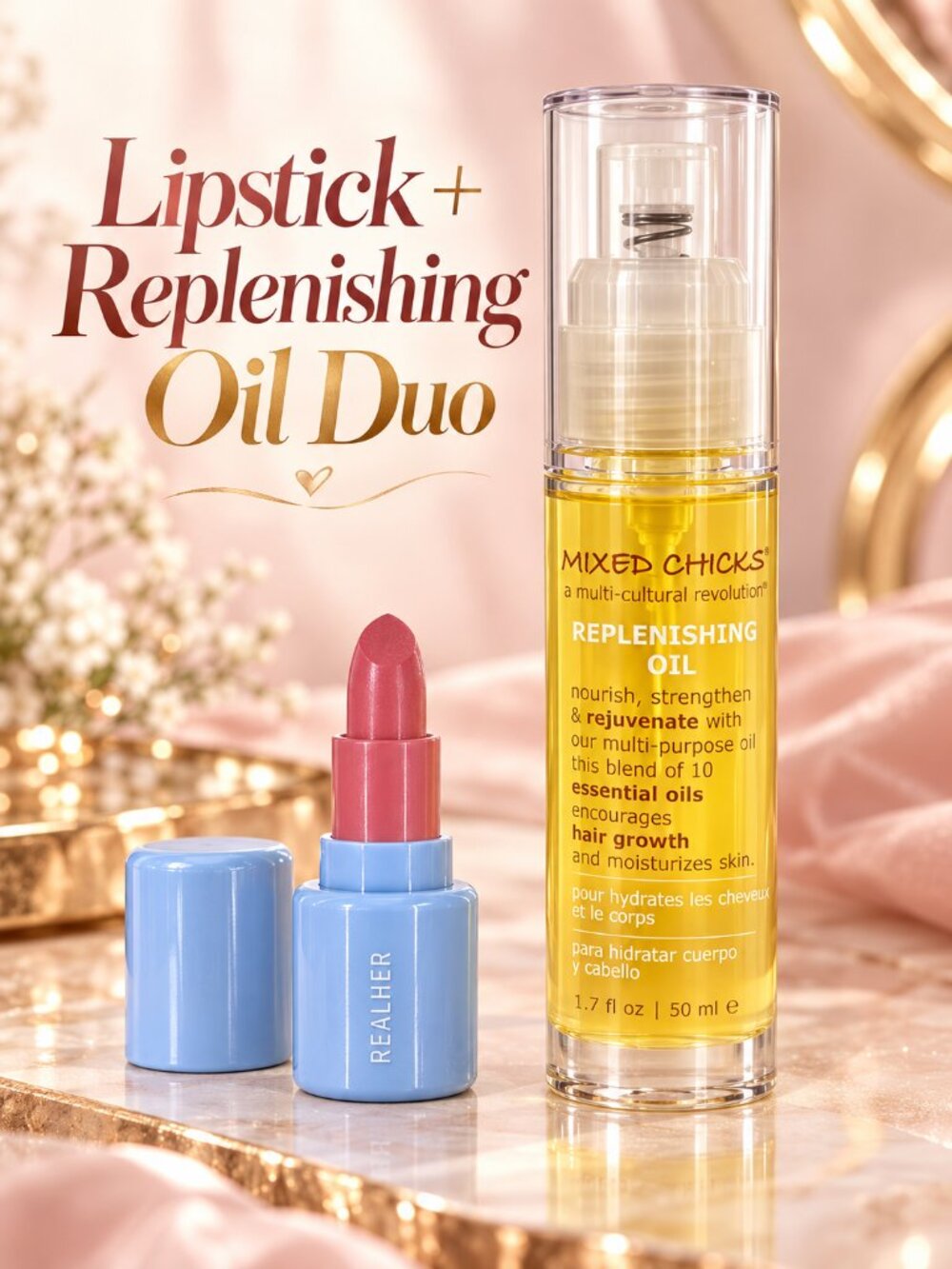 RealHer Bold Mini Lipstick Mixed Chicks Replenishing Oil Beauty Duo Bundle